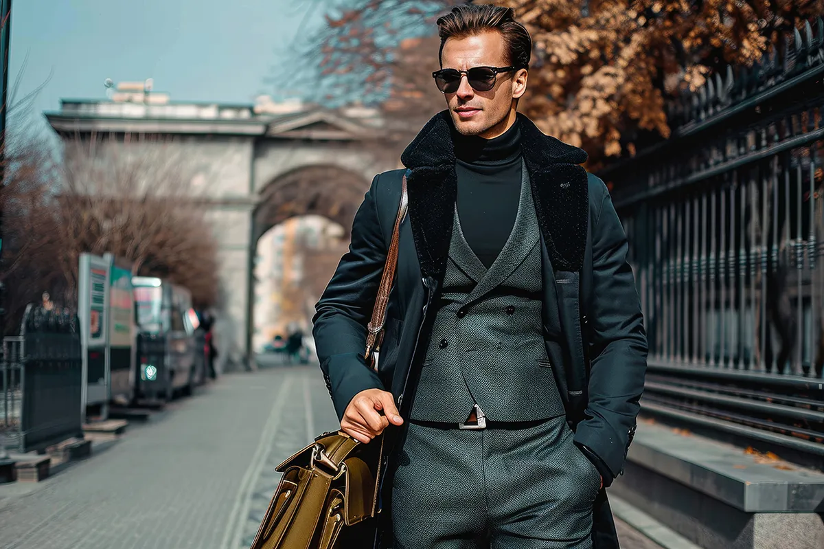 Elegant gentleman handsome desirable gentleman in suit out in the city he is walking and carying