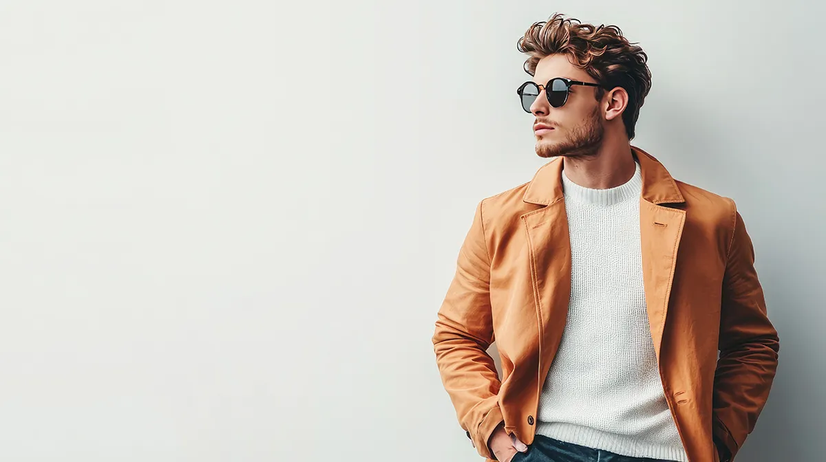 Stylish young man in sunglasses and orange jacket leaning against white wall