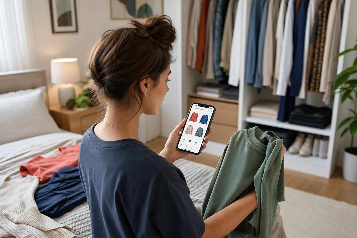 woman-selecting-clothing-through-mobile-shopping-app-while-comparing-garments-with-her-wardrobe-home-representing-online-fashion-retail-digital-browsing