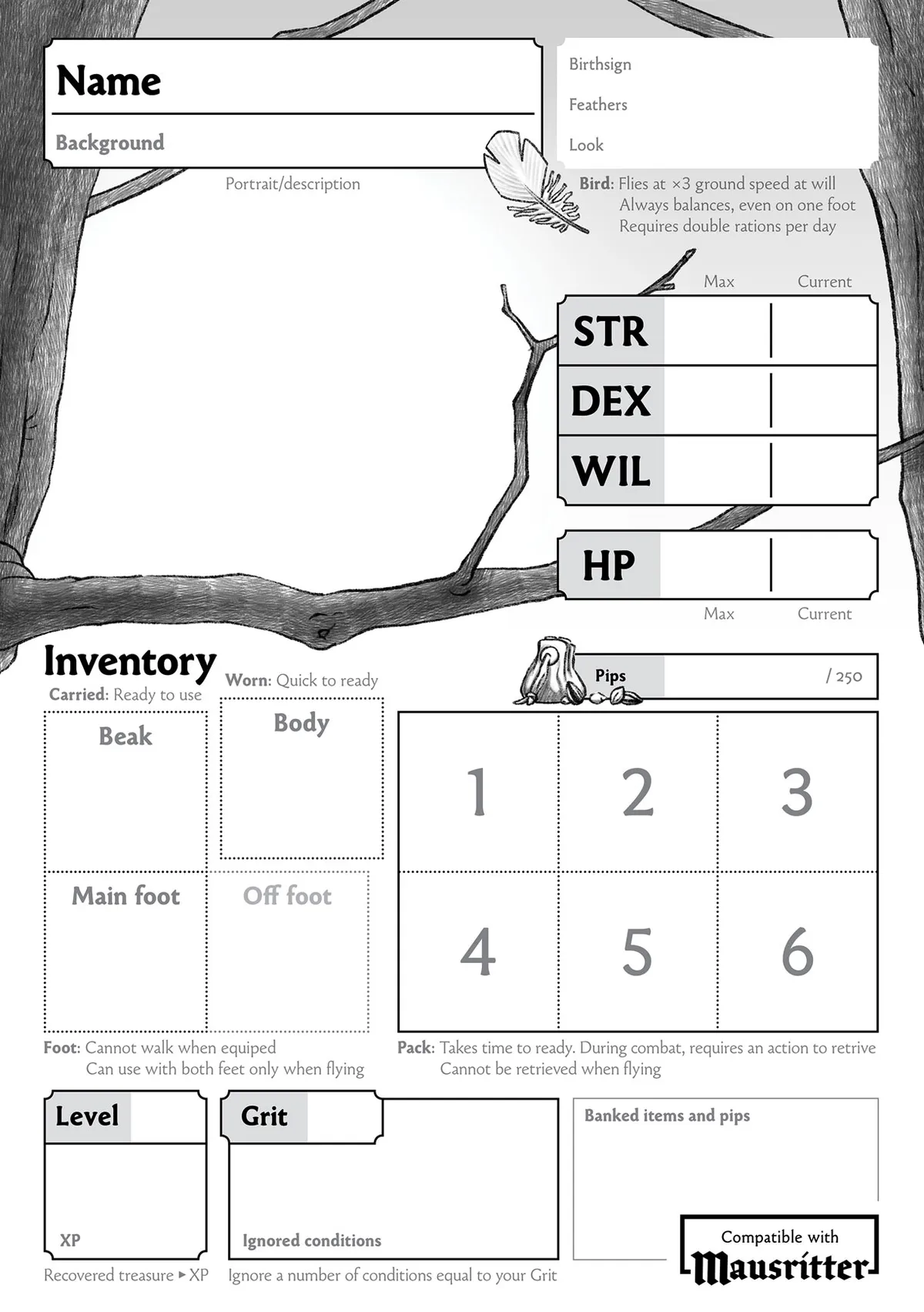 First draft of a bird character sheet for Mausritter