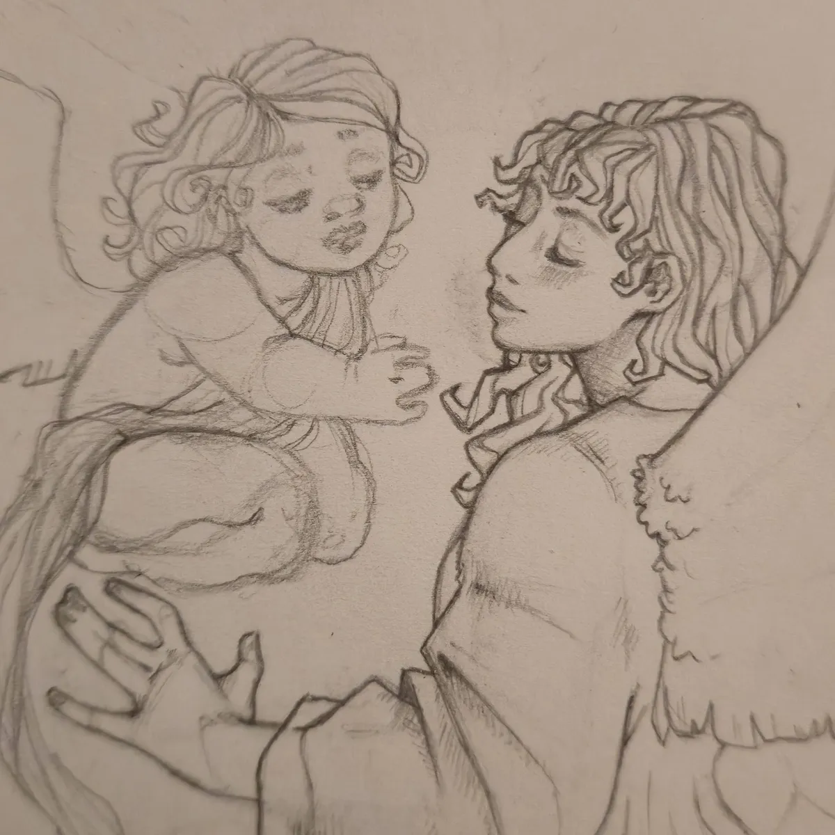 A pencil drawing on ivory coloured paper. The drawing itself is sketchy and incomplete. On the left is a winged cherub, draped in a loose cloth as they reach out the the figure on the right, who is an adult woman with mid-length wavy hair. She has her hand out as if reaching back to the cherub. Wings stretch out behind her.
