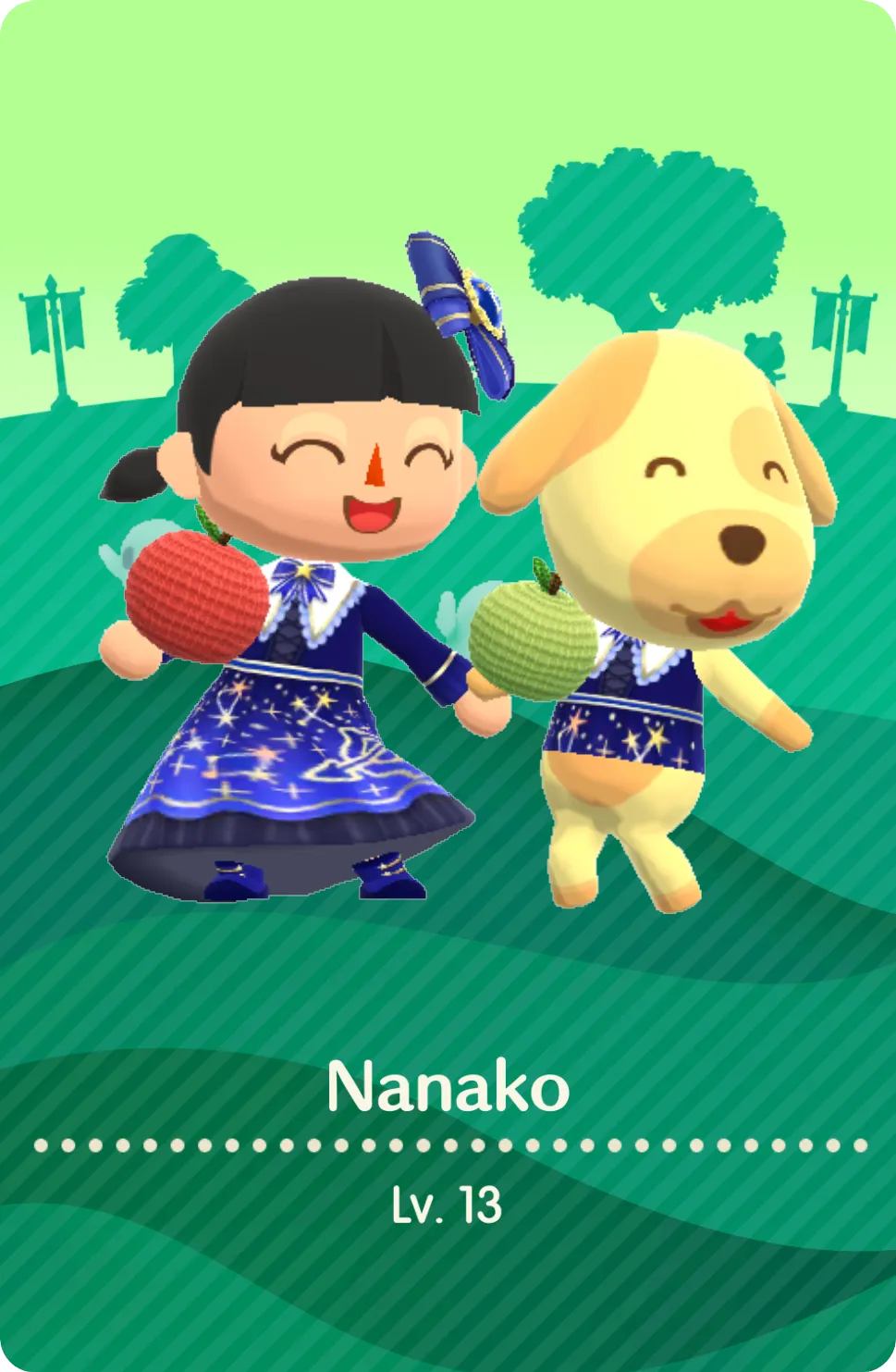 Orion’s Animal Crossing Pocket Camp camper card with Nanako and Goldie.