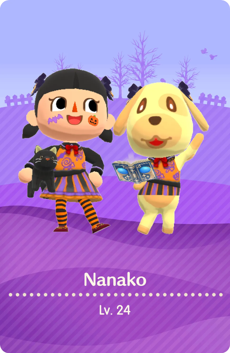 Screenshot of my Halloween camper card. Nanako and Goldie are wearing their Halloween outfits.