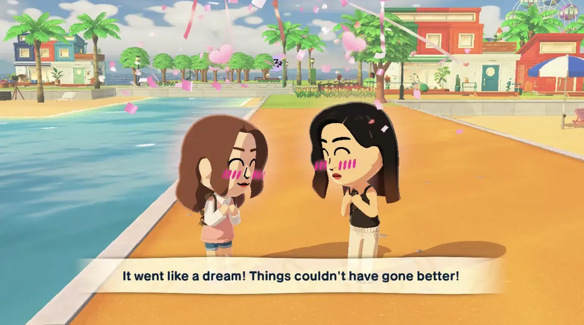 A screenshot of Mon and Sam finally becoming a couple in my Tomodachi Life Living the Dream save file.