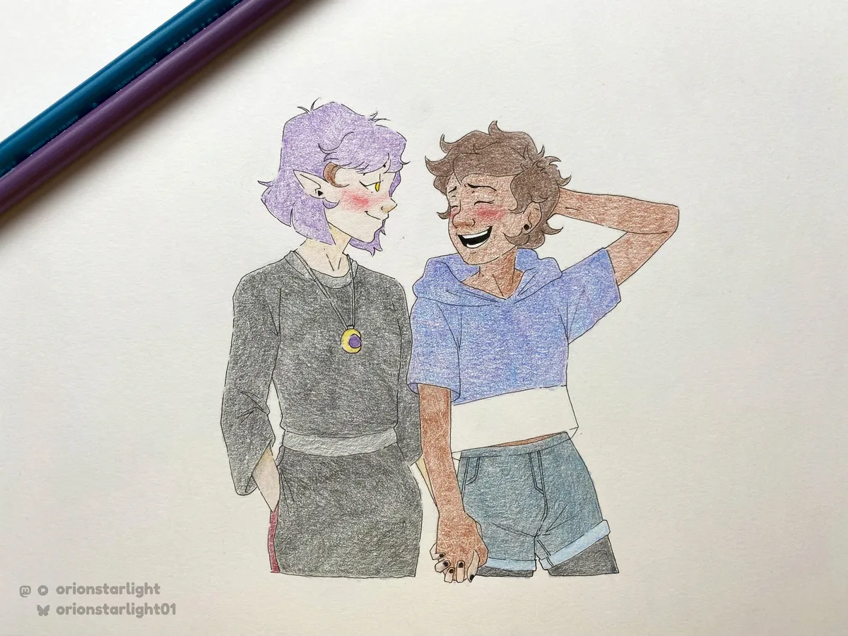 My colored drawing of Luz Noceda and Amity Blight holding hands. This is the part before I refine the colors to make it look more blended and finished.