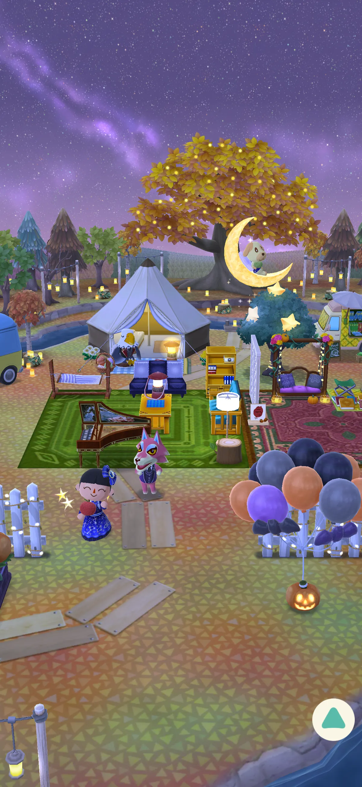 Screenshot of my current camp on Animal Crossing Pocket Camp.