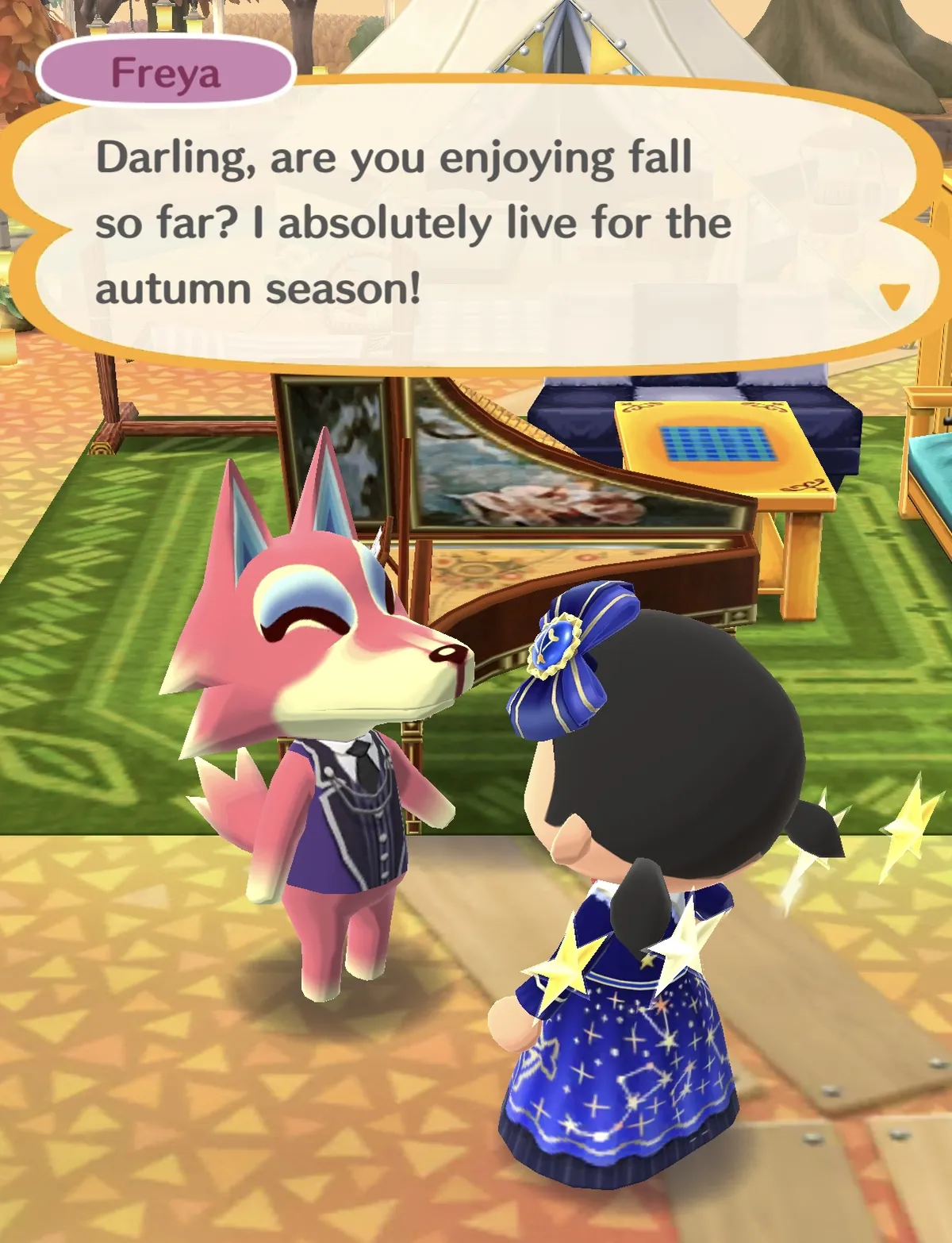 Freya from Animal Crossing Pocket Camp saying “Darling, are you enjoying fall so far? I absolutely love for the autumn season!”