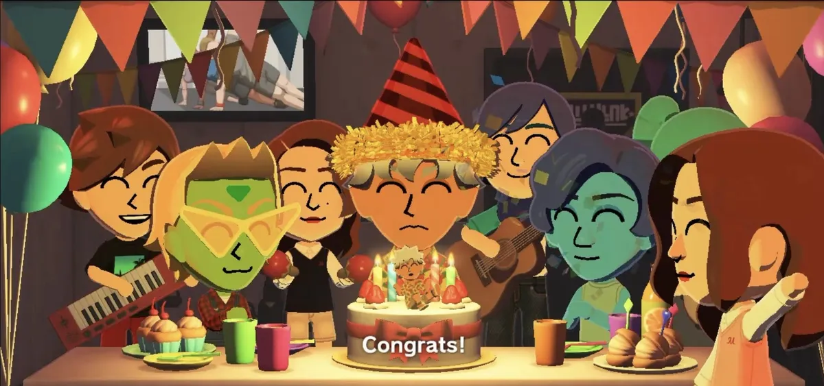 A screenshot of my Jack Howl Mii from my Tomodachi Life Living the Dream game and he’s with my other Miis who are celebrating his birthday.