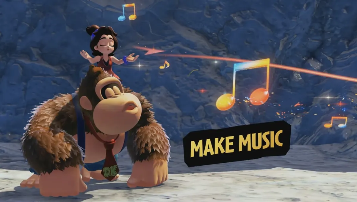 Screenshot from the DK direct. It shows DK and a young Pauline singing together.