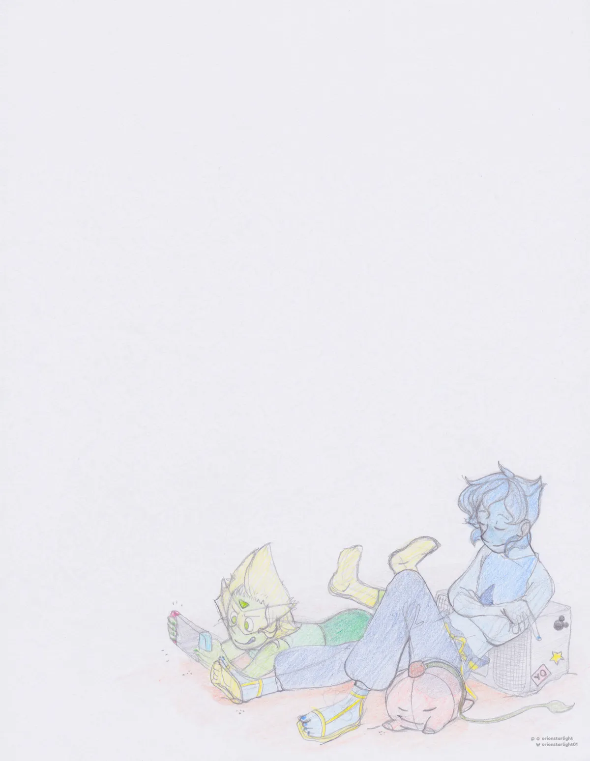 My drawing of Lapis Lazuli, Peridot, and Pumpkin enjoying their time at the shore. Peridot is playing on her Nintendo Switch, Lapis is lounging against a big stereo, and Pumpkin is napping.