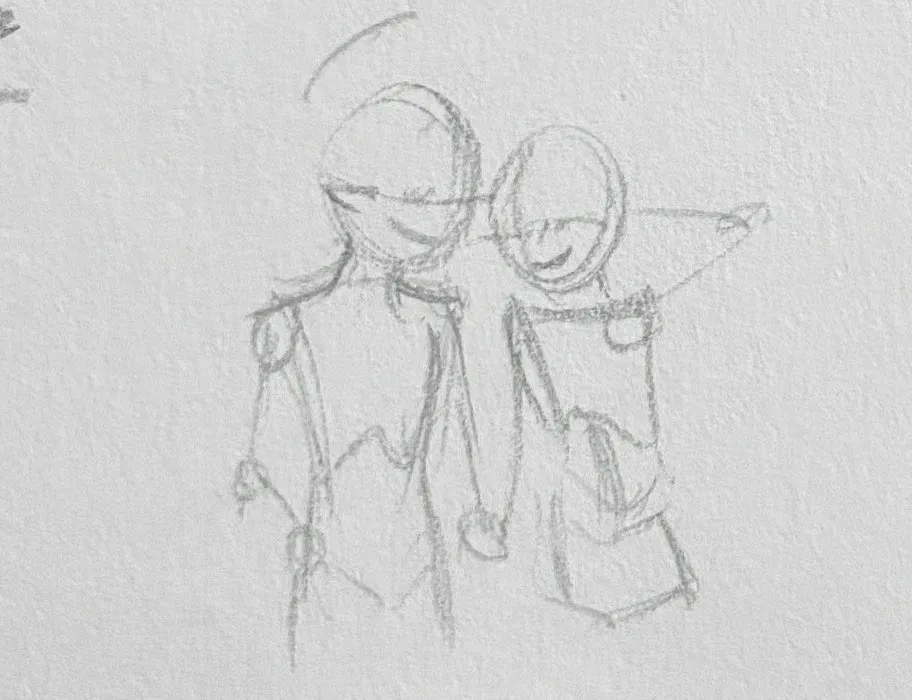 My tiny reference drawing of Luz Noceda and Amity Blight holding hands. They’re stick figures here.