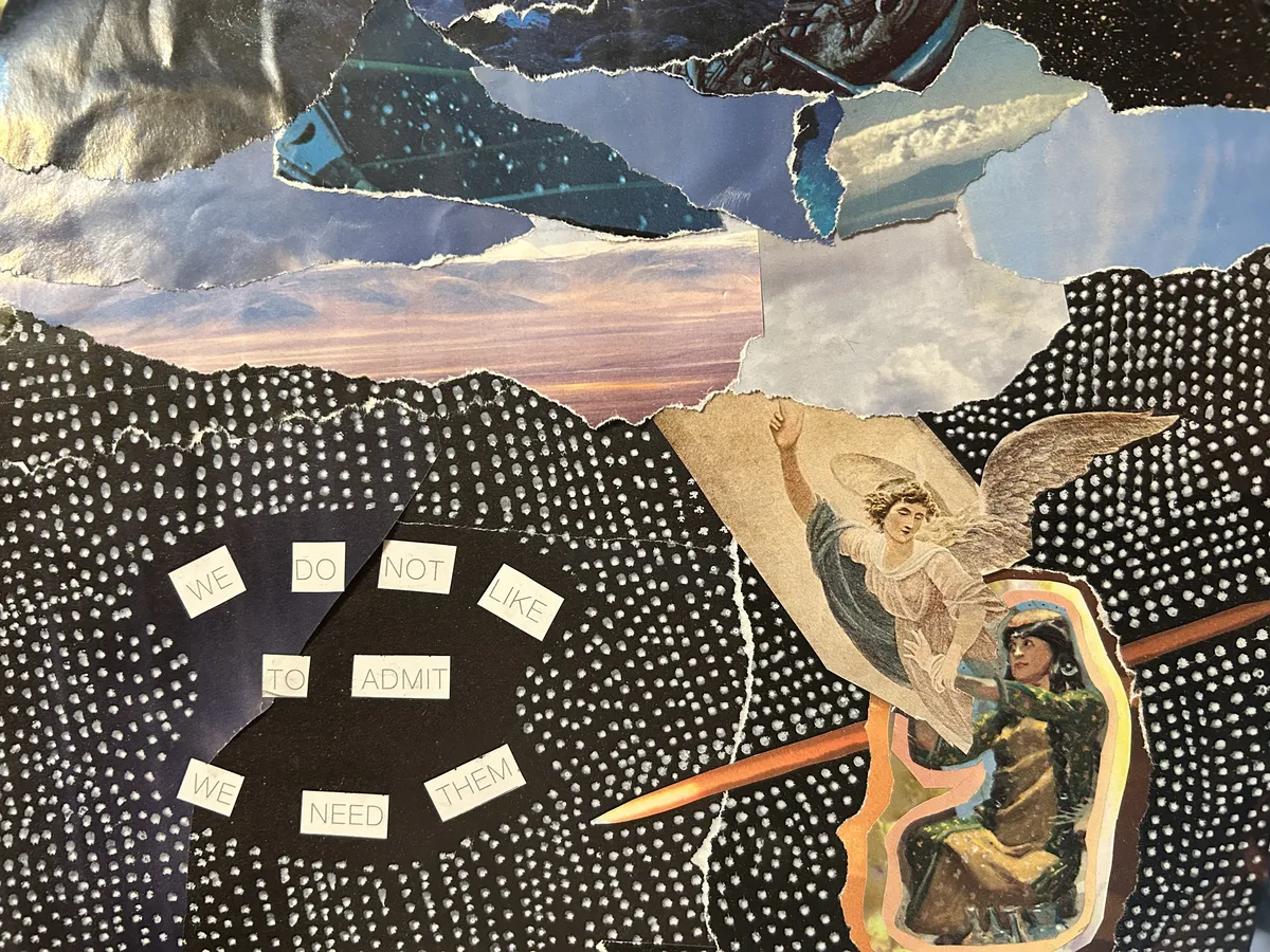 Collage of an angelic nymph descending from a rain-cloud to take a young girl by the hand. Text reads