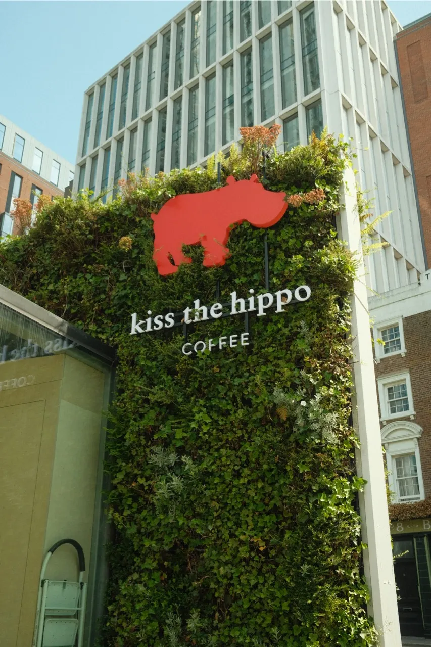 Exterior of a "Kiss the Hippo Coffee" shop featuring a striking living wall covered in green vegetation. A large red hippo silhouette logo is prominently displayed against the plant wall. Modern glass office buildings are visible in the background, creating an urban contrast with the natural green facade.