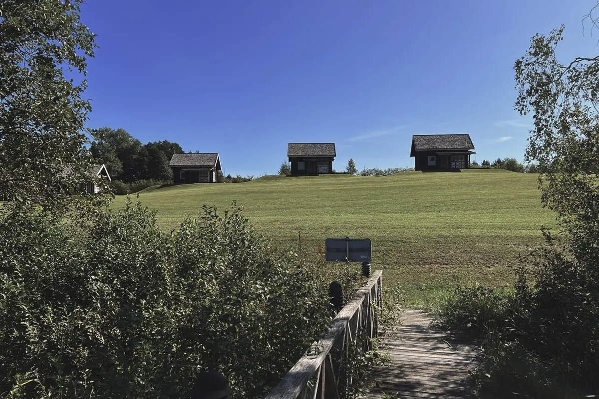 Three small wooden cabins stand on a grassy hill under a clear blue sky, surrounded by trees, with a wooden path leading to the foreground.