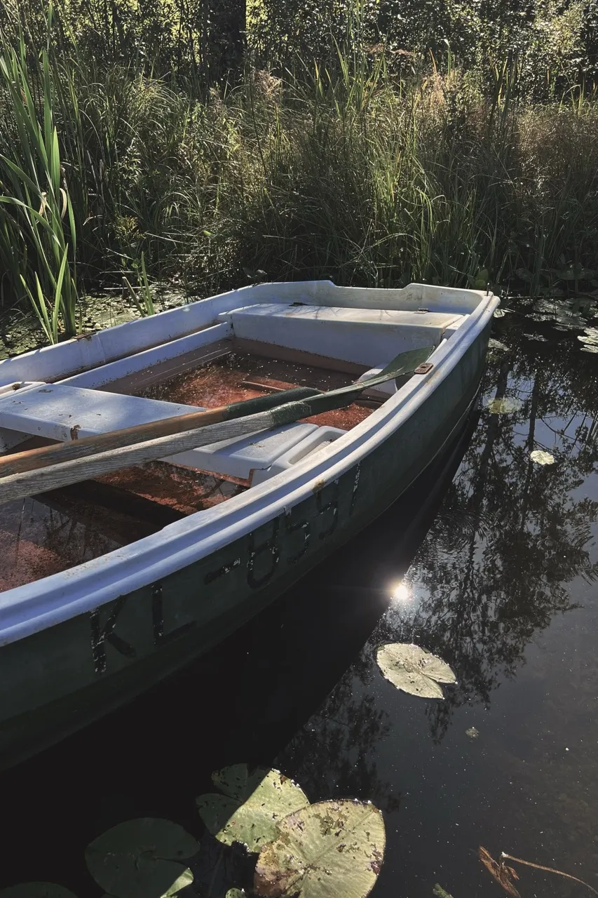 A small boat filled with water rests motionless near a reedy lakeshore, surrounded by lily pads and reflecting sunlight. Visible text: "KL-8397."