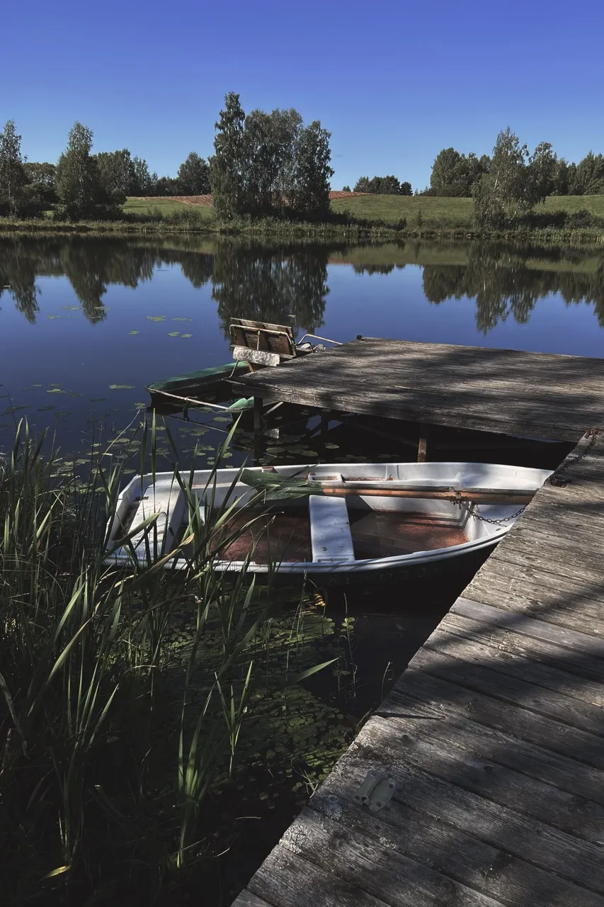 A small rowboat is moored to a wooden dock, surrounded by reeds, on a tranquil lake with trees reflecting in the still water under a clear blue sky.