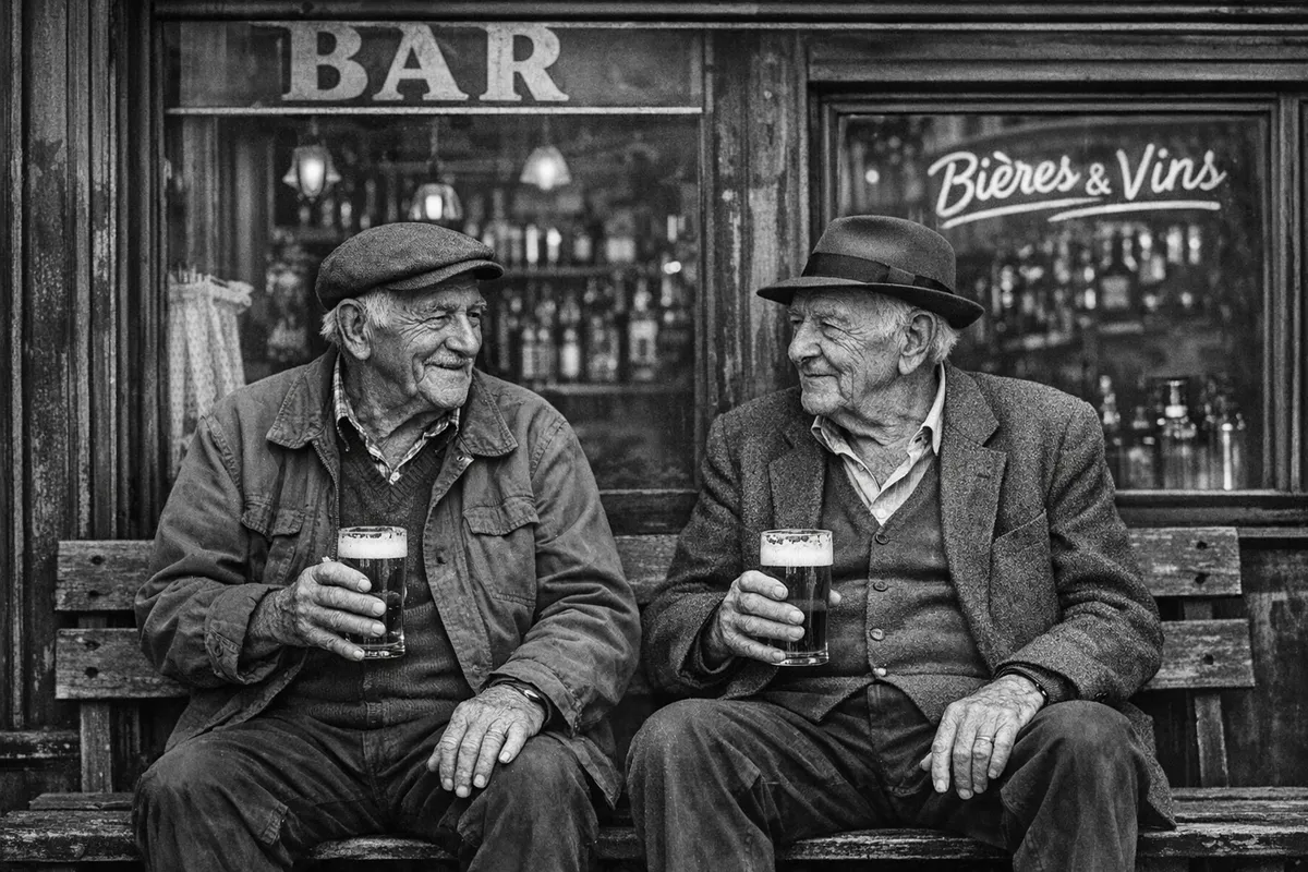 Deux hommes âgés devant un bar buvant une bière