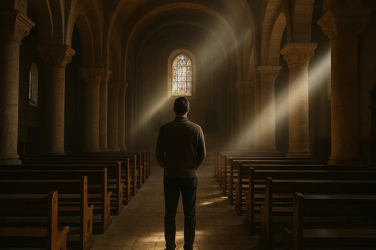 Homme debout en prière dans une église romane