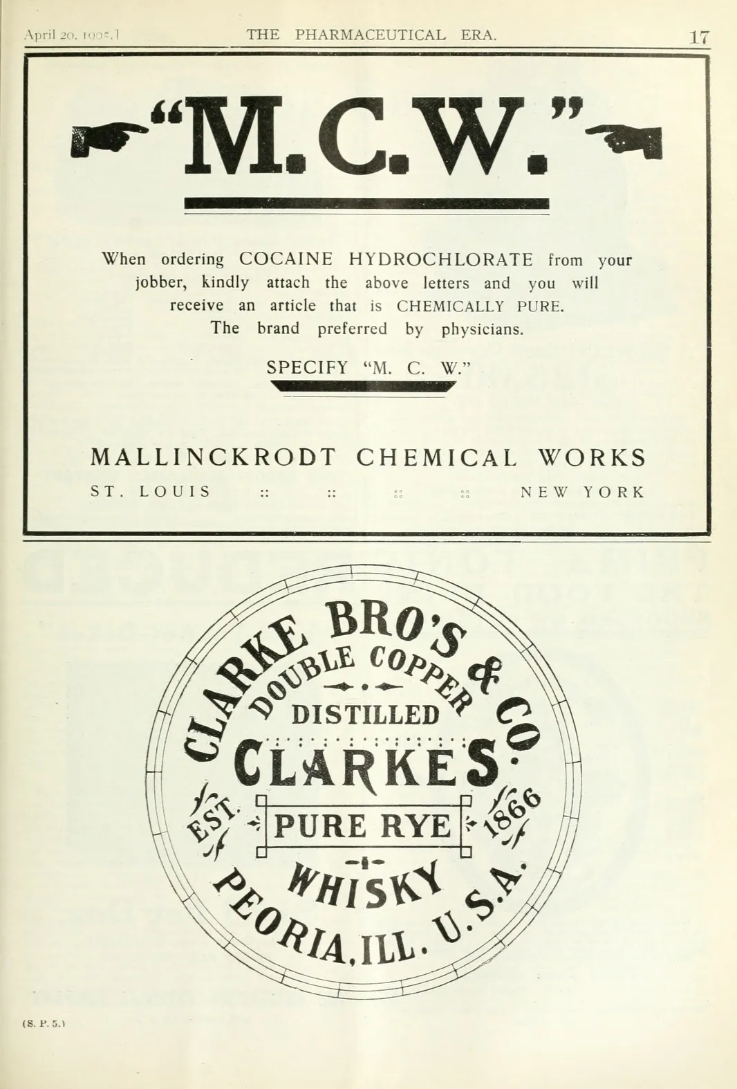 An advert for Mallinckrodt Chemical Works' cocaine hydrochlorate from 1905