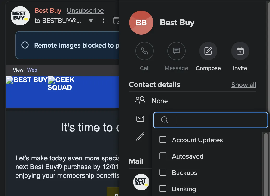 A contact with the contact group selection popup open.