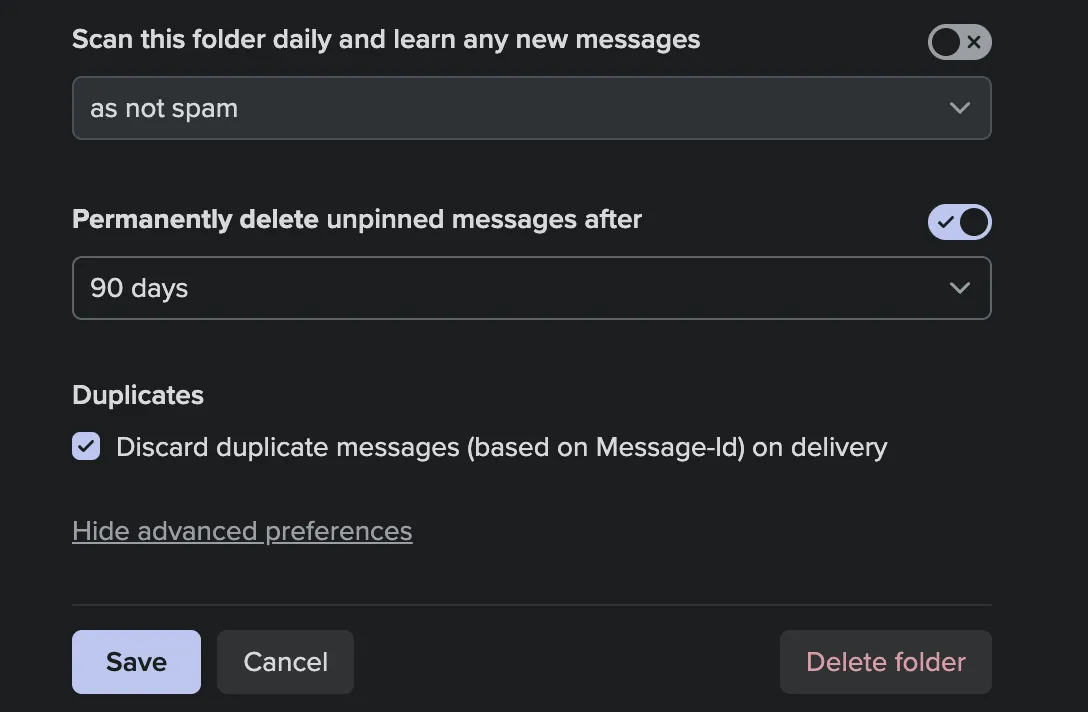 The settings of a folder's email retention options.