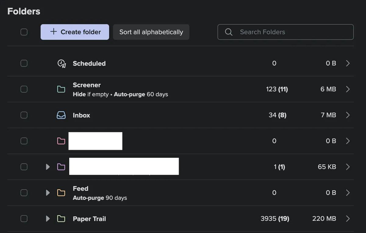A list of folders in the settings.
