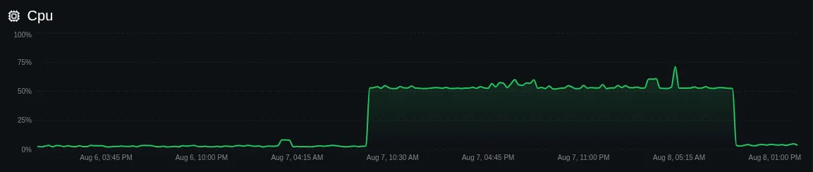 A screenshot of the server's CPU usage with a sudden, sustained jump from 4% to 50%, lasting for 24 hours.
