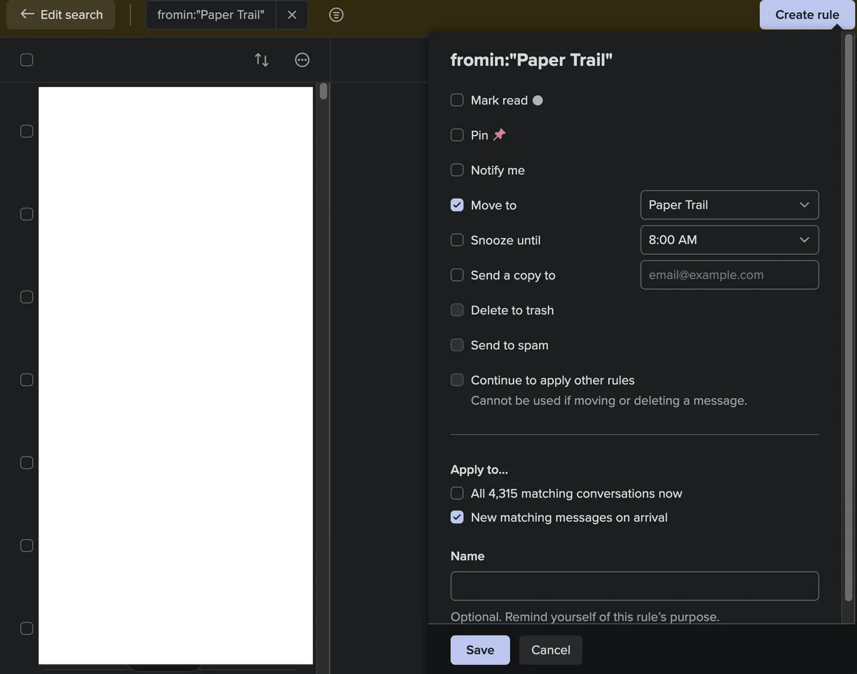 The action page for the Paper Trail rule.