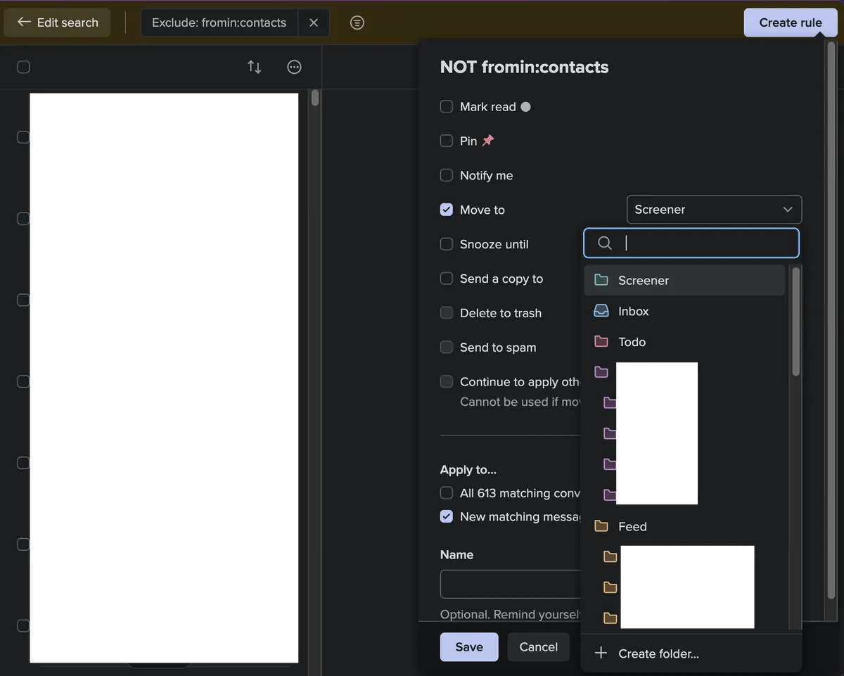 The action page for the Screener rule.