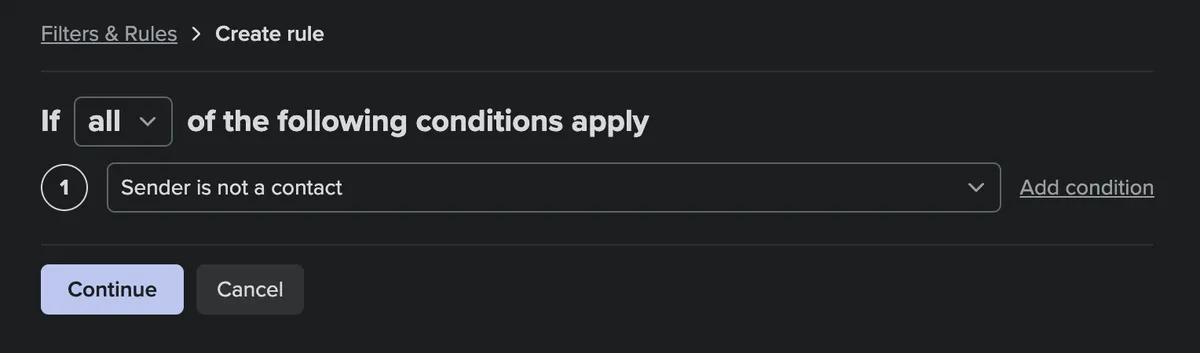 The condition page for the Screener rule.