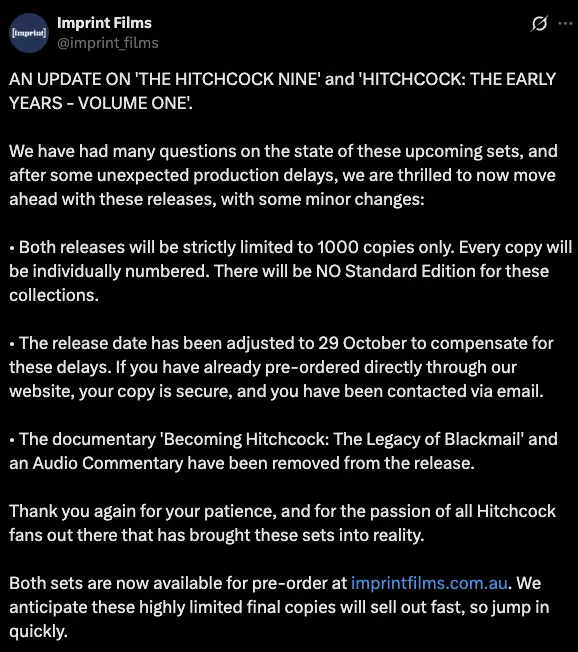 imprint films tweet about changes to hitchcock box sets