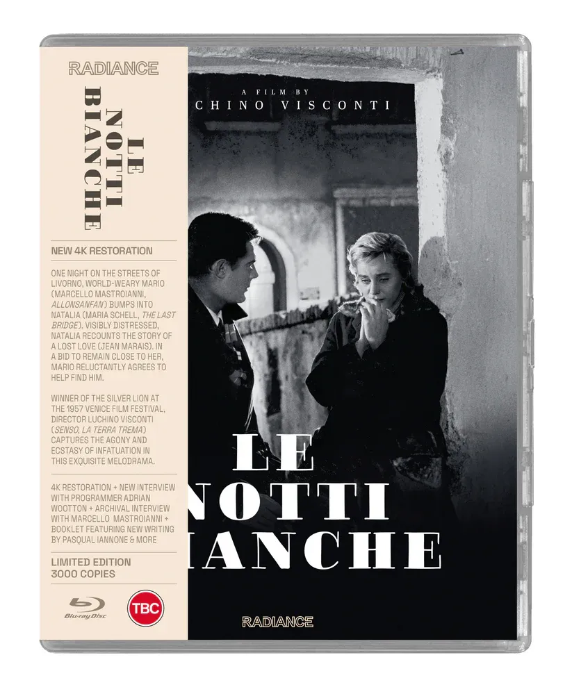 Blu-ray cover for Luchino Visconti’s Le notti bianche from Radiance Films, showing Marcello Mastroianni and Maria Schell in the Italian melodrama.