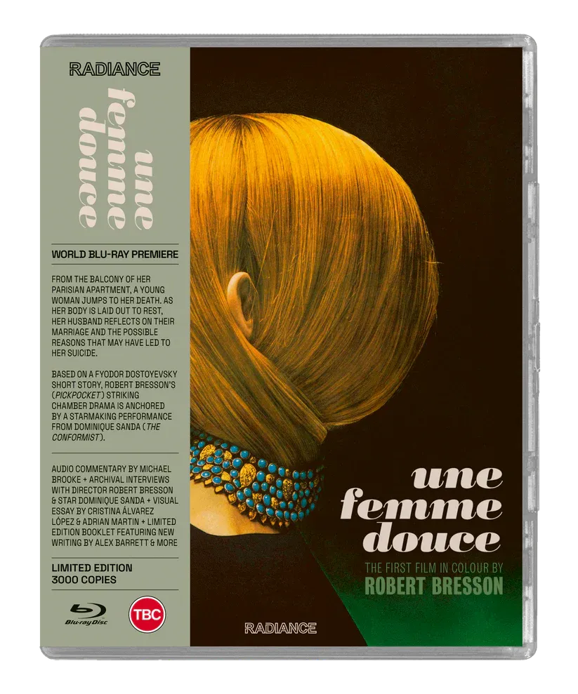 Blu-ray cover for Robert Bresson’s Une femme douce from Radiance Films, highlighting Dominique Sanda in the French chamber drama.