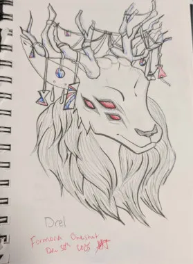 a sketch of a deer person, with charms in their antlers and more eyes than you'd expect