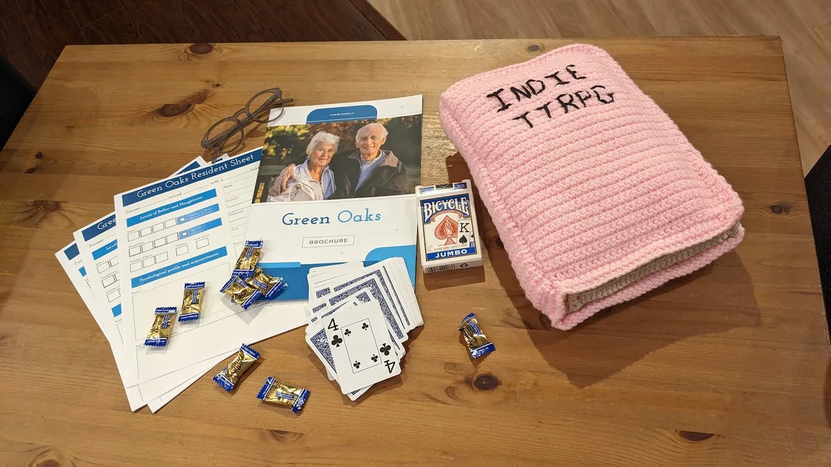 green oaks set up, featuring werthers sweets and playing cards