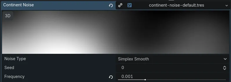 Settings for the Continent Noise generator. Its Noise Type is set to Simplex Smooth, and its low frequency makes for large, fuzzy-looking swaths of similar values.