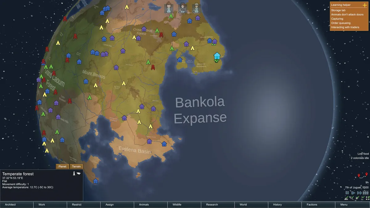 The Rimworld globe, complete with place names and settlement icons.