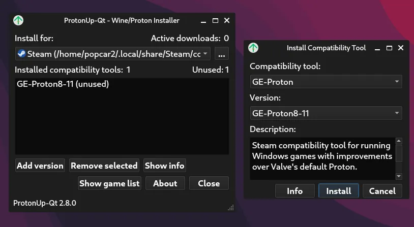 Image showing the Proton-GE installation process via ProtonUp-Qt