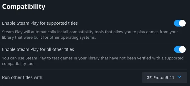 Image showing Proton-GE selected as the default on Steam