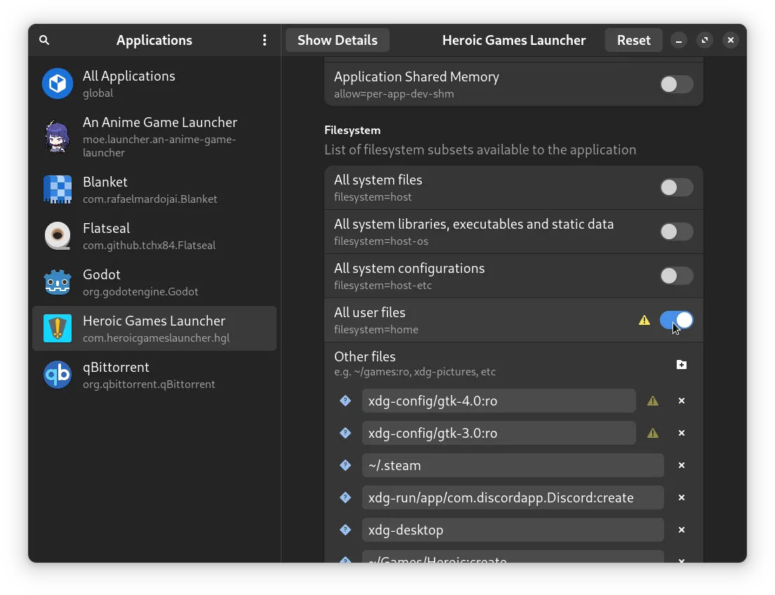 A screenshot showing Flatseal in action.