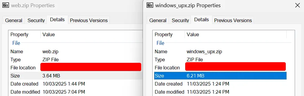Picture showing the finale zip file sizes