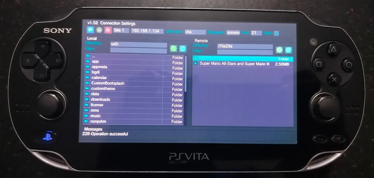 Picture of FTP file transfer on the Vita