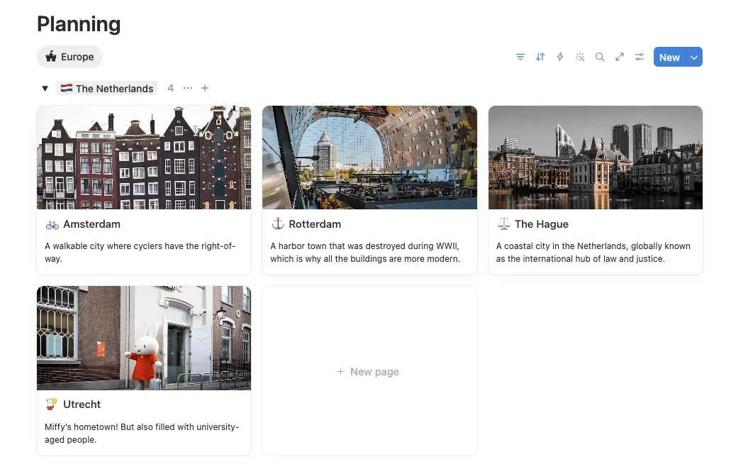 Screenshot of a Notion table with cards of Amsterdam, Rotterdam, The Hague, and Utrecht.