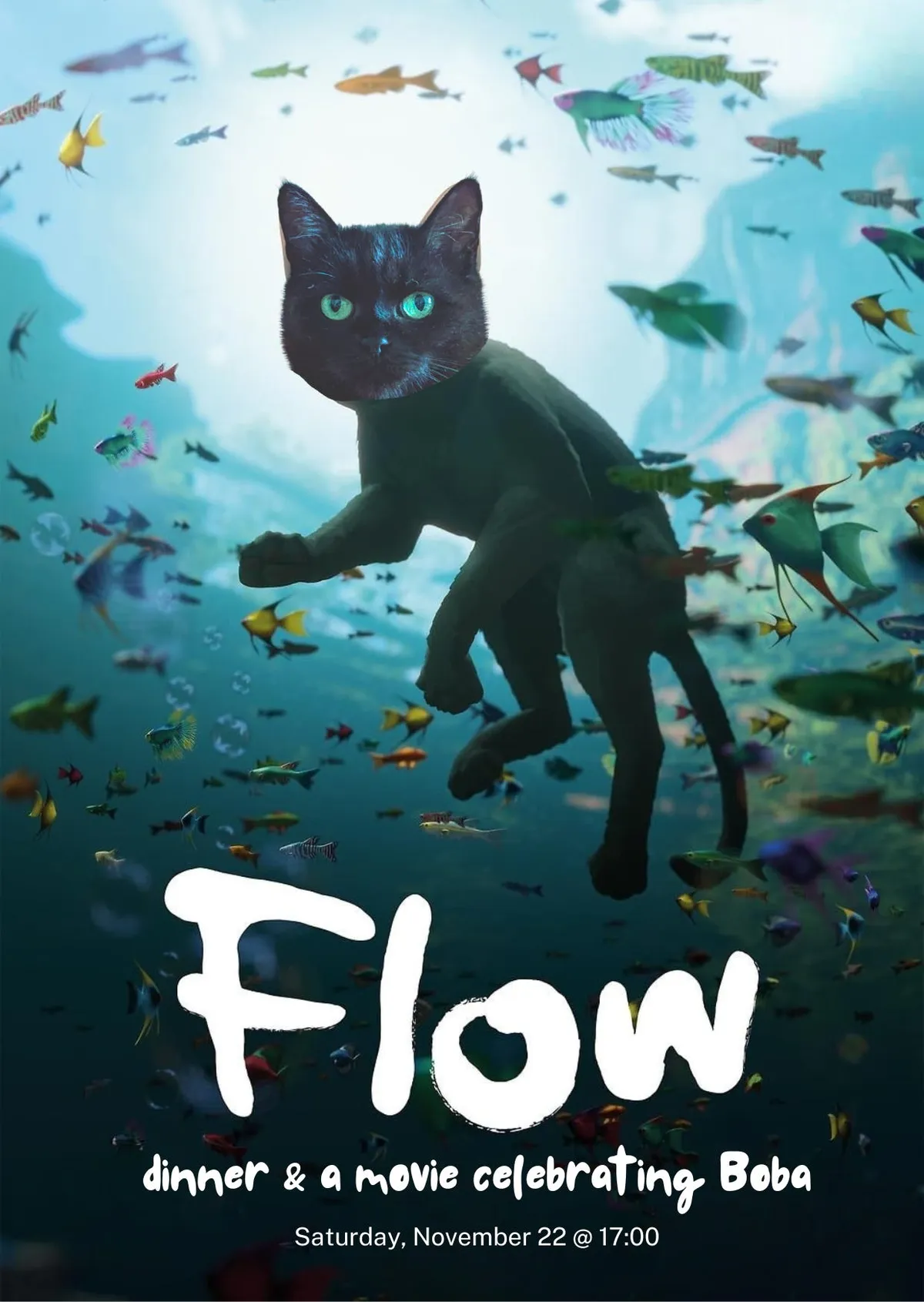 Poster of the movie "Flow," with Boba's face plastered on top of the illustrated cat.