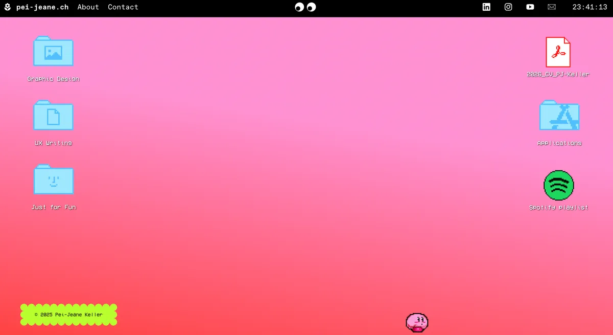 A website mimicking a desktop, with a pink background, folders, and Kirby walking by the footer.