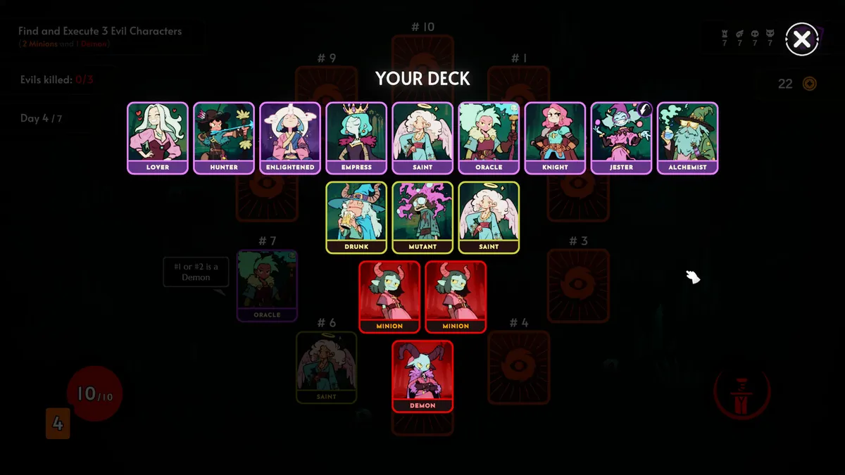A deck of cards with various roles, such as the lover, drunk, minion, and demon.