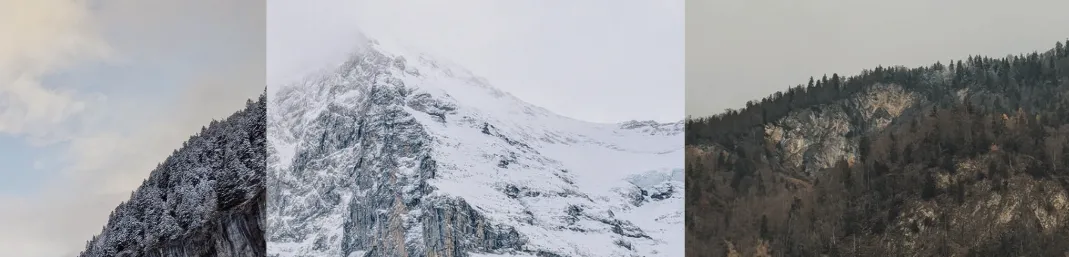 A collage of three different mountains lined up to form a single mountain range.