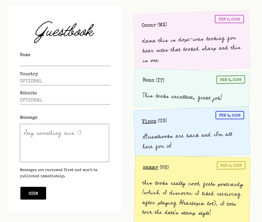 Guestbook form on the left side in white. On the right are a stack of colorful cards with personalized messages.