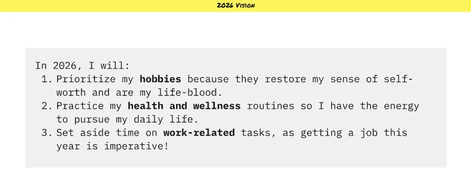 The text says, "In 2026, I will: 1) Prioritize my hobbies because they restore my sense of self-worth and are my life-blood. 2) Practice my health and wellness routines so I have the energy to pursue my daily life. 3) Set aside time on work-related tasks, as getting a job this year is imperative!