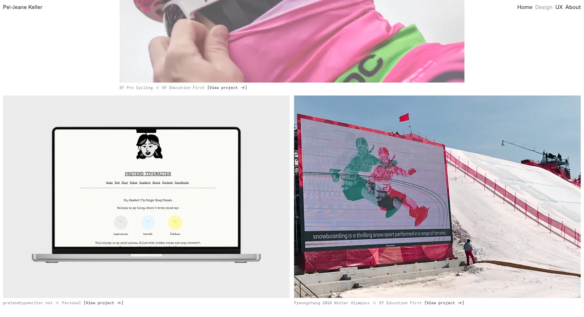 A minimal website with large photos of work against a white backdrop and a simple navigation with text links on top.